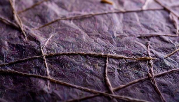 Abstract Purple Paper Texture with Brown String Detail, Macro Shot. photo