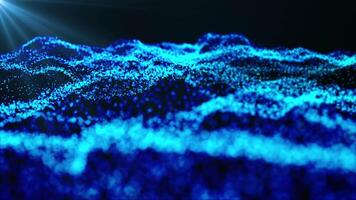 Animation of a blue particle wave. A high-tech background with glowing particles, a swirling surface of dots forming a complex spiral structure. 4K, seamless loop. video