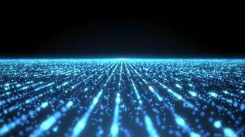 Animation abstract blue digital background with bright neon beams and glowing lines. Particl field. Data flow, big data visualization, futuristic or technological abstract background. Seamless loop. video