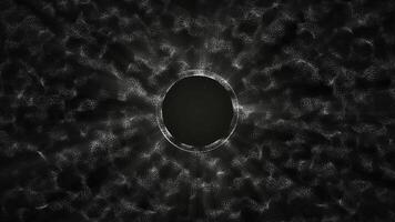 abstrakt lysande Vinka av partiklar och prickar runt om en hål. svart och vit begrepp. trogen och digital bakgrund, 4k, sömlös slinga. video