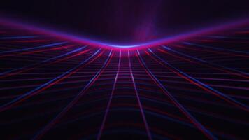 retro futurista cyberpunk cuadrícula movimiento antecedentes con brillante neón de colores ligero vigas y atmosférico nubes esta de moda sintetizador animación es lleno hd y un sin costura bucle. video