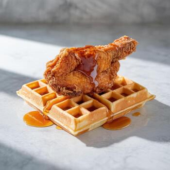 Crispy fried chicken on waffles with drizzled syrup photo
