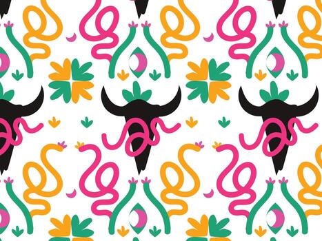 Boho Bull Skull and Snake Seamless background Pattern design vector