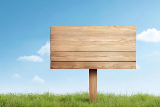An empty wooden sign stands in a field, offering a blank canvas for messages or information. photo