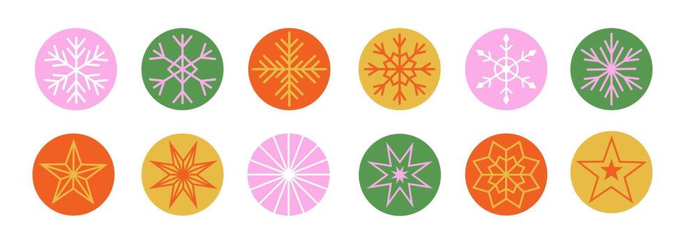 Snowflake circle simple icon. Colorful abstract sticker with outline stars. Retro modern round with abstract starburst figures. vector