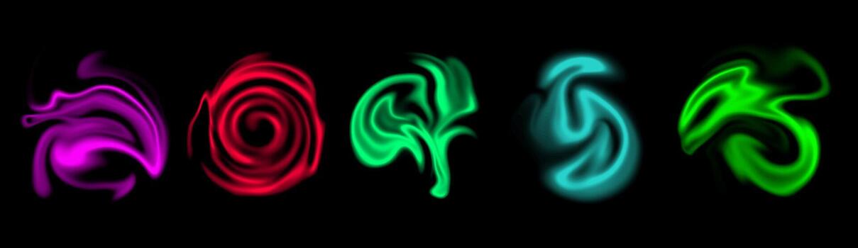 Neon abstract smoke swirls on a black background. Colorful glowing shapes creating a futuristic and dynamic effect. vector