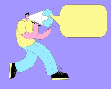 A man in a modern style shouts into a megaphone. Illustration on the theme of calling for something. vector