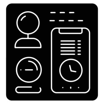 Black and white glyph icon representing employee time tracking, attendance log, and mobile management application for business productivity vector