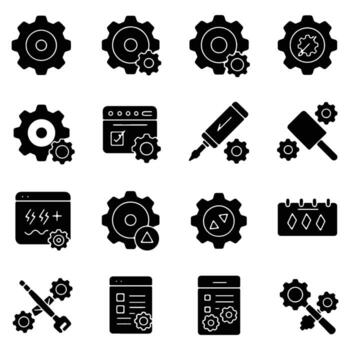 exhaustivo colección de negro y blanco íconos representando ajustes, herramientas, desarrollo, y mejoramiento para moderno diseño proyectos y interfaces vector