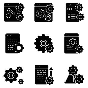 sólido negro glifo icono conjunto para sitio web ajustes, software desarrollo, y api configuración. minimalista símbolos para ui diseño vector