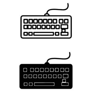 Simple Black and White Illustration Set of a Wired Computer Keyboard in Outline and Solid Icon Styles vector