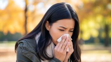 ein Frau weht ihr Nase im das Park video