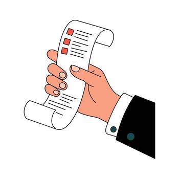 mano participación un desplazado documento con Lista de Verificación y rojo cuadrícula papel vector