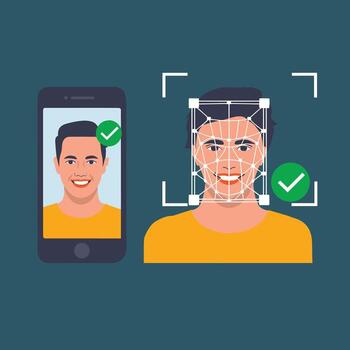 Face Recognition System Scans Man's Face With Smartphone And Grid Overlay Keywords, facial vector
