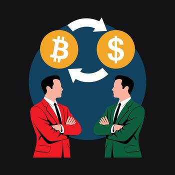 Bitcoin and Dollar Exchange Between Two Businessmen on Dark Background Keywords, bitcoin, dollar vector