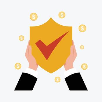 Hands Holding Shield with Checkmark Surrounded by Dollar Coins Keywords, hands, holding, shield vector