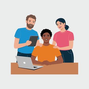 Diverse Group Of People Collaborating Around A Laptop With Tablet And Smiles Keywords, collaboration vector