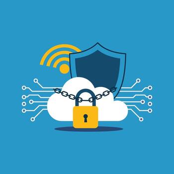 Cloud security with padlock, shield, and Wi- Fi symbol protection data vector