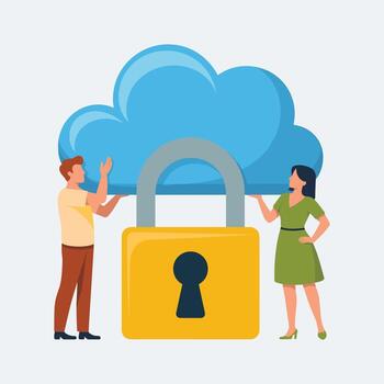 People holding a large padlock in front of a cloud security data vector
