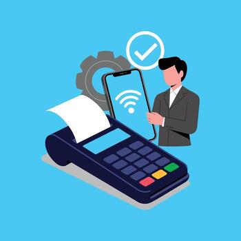 Man Using Smartphone for Contactless Payment at a Point of Sale Terminal Keywords, payment vector