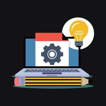 ordenador portátil con engranaje y bombilla en apilar de libros y lápiz palabras clave, computadora portátil, computadora, tecnología vector