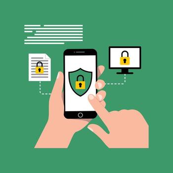 manos participación teléfono inteligente con seguridad íconos y computadora pantalla palabras clave, seguridad, teléfono inteligente vector
