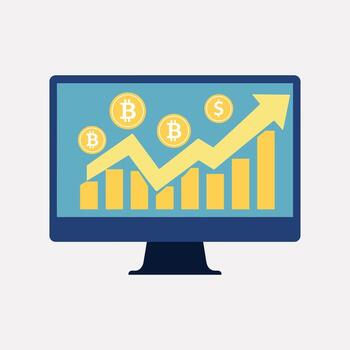 Computer screen displaying rising Bitcoin graph with currency symbols monitor vector