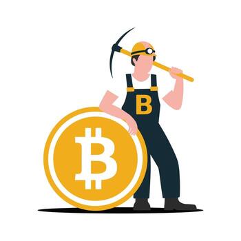 Bitcoin miner with pickaxe and large Bitcoin coin illustration mining cryptocurrency vector