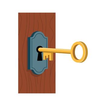 Golden Key Inserting Into Wooden Door Keyhole With Blue Frame Keywords, key, door, lock, unlock vector