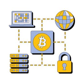 Bitcoin network diagram with laptop, globe, server, and padlock cryptocurrency blockchain vector
