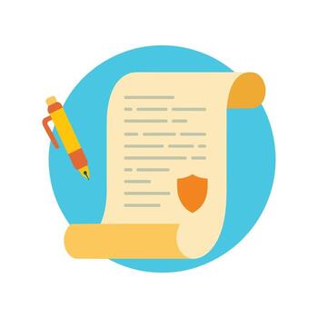 Scroll Document with Shield Symbol and Pen for Signing. vector