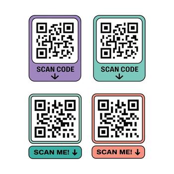 Four QR Codes with Scan Me and Scan Code Labels in Pastel Colors QR code barcode vector