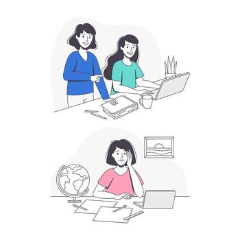 Smiling Schoolgirl Doing Homework Sitting at Desk Studying with Laptop and Globe Set vector