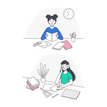 Smiling Schoolgirl Doing Homework Sitting at Desk Studying with Book and Copybook Set. vector