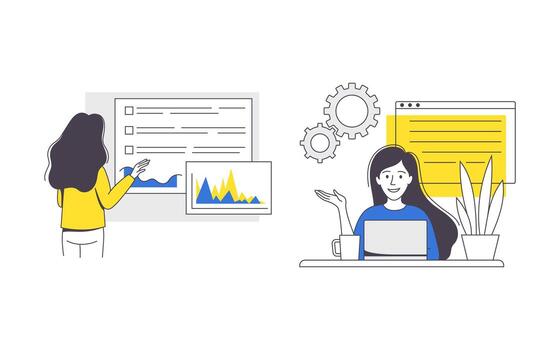 en línea conferencia con mujer demostración grafico presentación vía Internet plataforma y sentado a ordenador portátil contorno conjunto vector