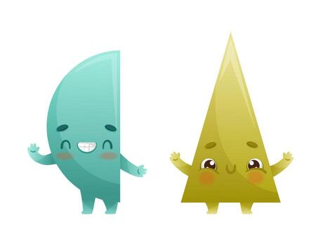 Funny Semicircle and Triangle as Geometric Shape Character Waving Hand and Happy Smiling Set vector