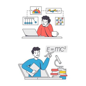 Online Learning with Man Student and Teacher Engaged in Virtual Classes Outline Set vector