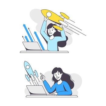negocio proyecto con mujer personaje con ordenador portátil y cohete trabajando con puesta en marcha contorno conjunto vector