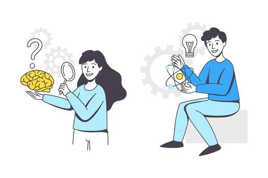 negocio proyecto con hombre y mujer personaje con cerebro y bombilla trabajando con puesta en marcha contorno conjunto vector