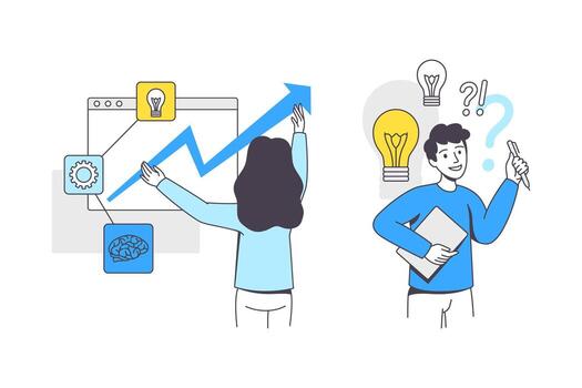 negocio proyecto con hombre y mujer personaje con bombilla y grafico flecha trabajando con puesta en marcha contorno conjunto vector