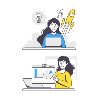 Business Project with Woman Character with Laptop and Chart Working with Startup Outline Set vector