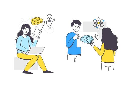 Business Project with Man and Woman Character with Laptop and Brain Working with Startup Outline Set vector