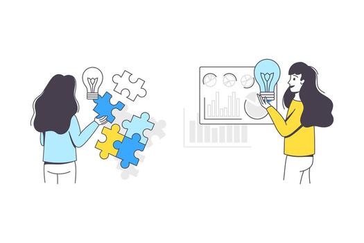 Business Project with Woman Character with Jigsaw Puzzle and Lightbulb Working with Startup Outline Set vector