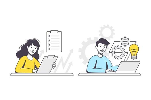 negocio proyecto con hombre y mujer personaje con ordenador portátil y portapapeles trabajando con puesta en marcha contorno conjunto vector