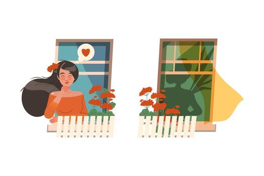 Woman at window with flowers vector