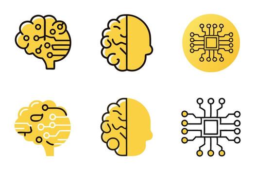 neural network and AI icons showing brain connections and machine learning elements in simple designs line art icon set vector