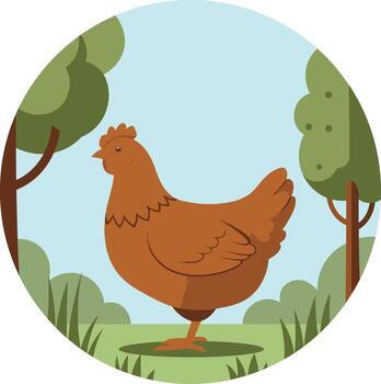 un pollo en pie en el césped con arboles en el antecedentes vector