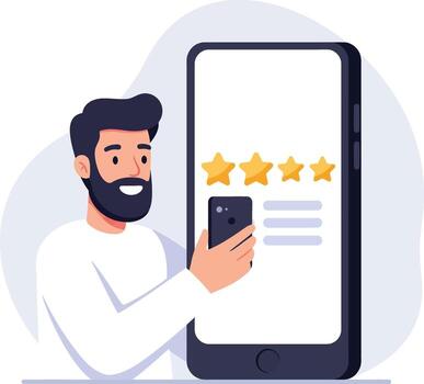 Man with beard holding smartphone with five stars rating icon vector