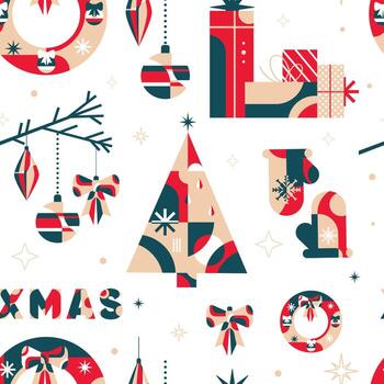 moderno geométrico Navidad modelo. sin costura geométrico Navidad modelo con árbol, regalos, arcos, y mitones en plano estilo para web diseño, fiesta tarjetas, embalaje, textiles, digital proyectos vector