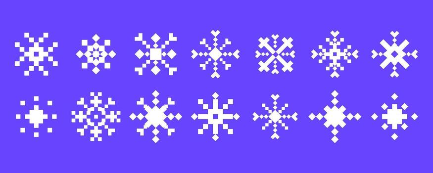 Abstract Snowflakes icon set. Set of white pixel snowflake icons in geometric style on purple background for web design,logo, emblem, print, UI, mobile apps, and digital projects. illustration vector